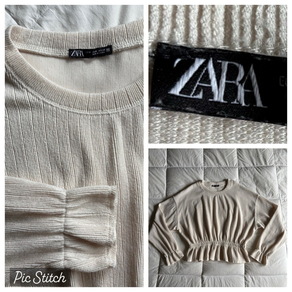 Zara Ribbed Peplum Knit Top Womens M Ecru LS Elastic Waist Neutral Soft Minimal